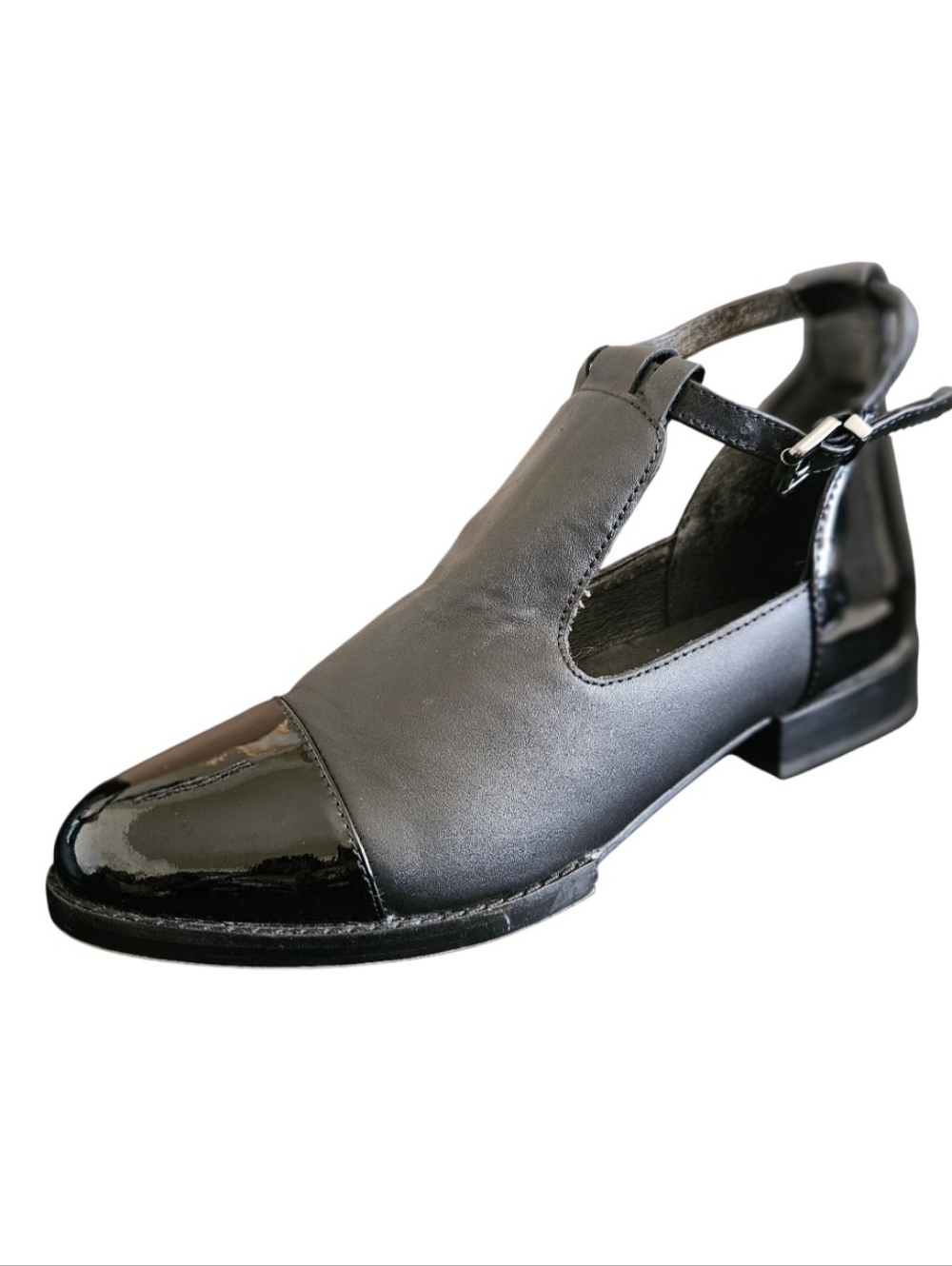 Modern Vice"Jo" Black Leather & Patent Cap-Toe Cut-out Ankle Strap Shoes Size 8